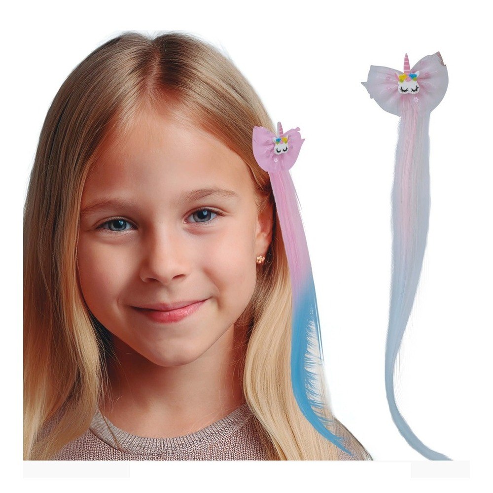 Enhjørning Hårclips Med Extensions Lyserød/Blå (35 cm) | Enhjørning Hårclips - Hovedtilbehør - Temashop