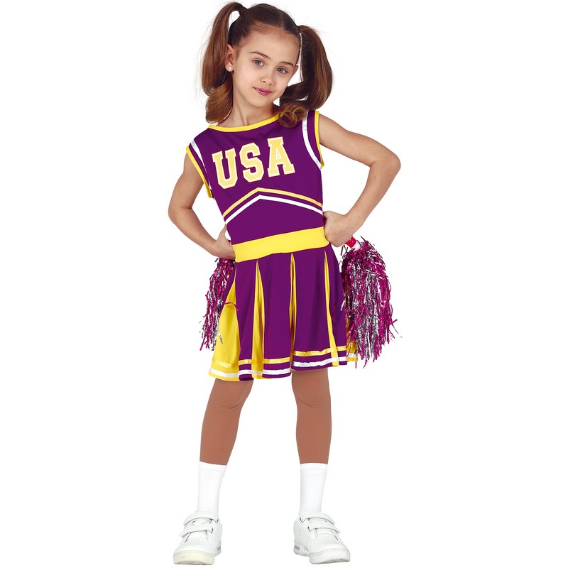 USA Cheerleader Børnekostume Lilla/Gul - Professioner kostume til børn i størrelserne 110-152 | Cheerleader udklædning til børn - Temashop