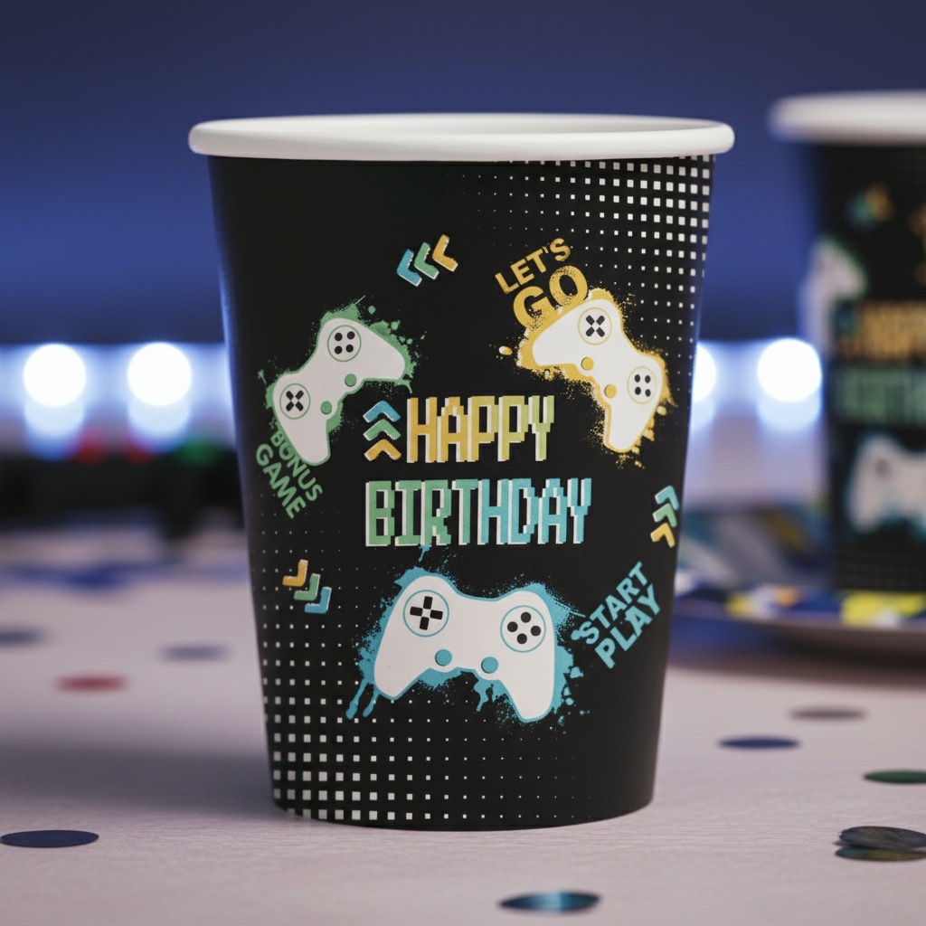 Level Up Happy Birthday Papkrus - 8 stk (250 ml) | Computerspil Krus - Temashop