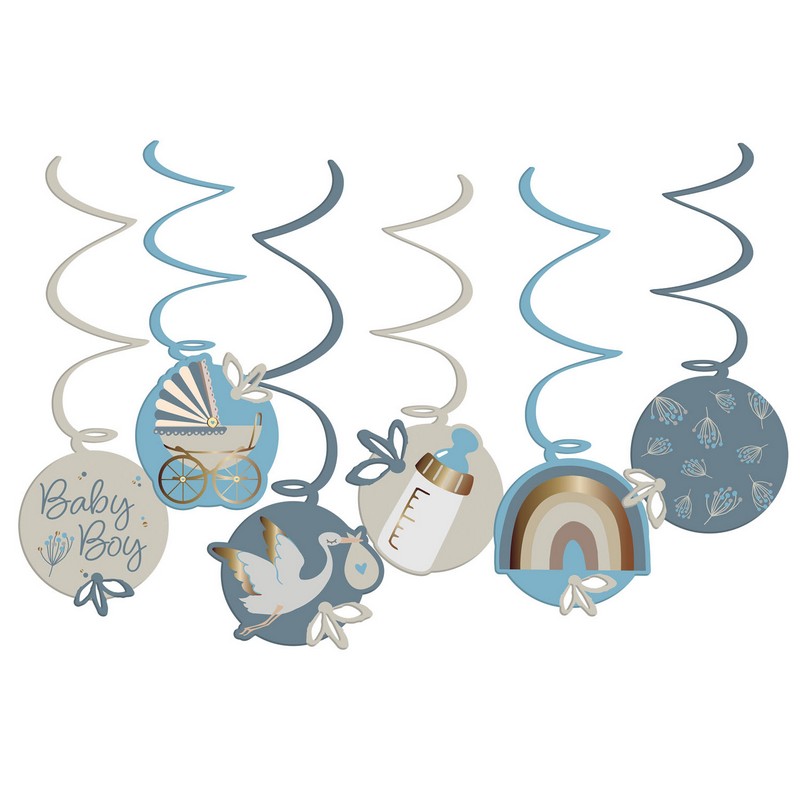 Baby Boy Swirls Lyseblå/Blå - 6 dele | Babyshower Spiraler/string - Temashop