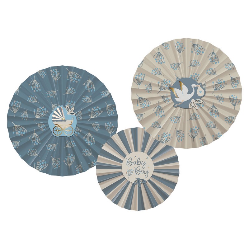 Blooming Baby Boy Rosetter Blå/Creme - 3 stk (25 - 35 cm) | Babyshower Vifter / Rosetter - Temashop