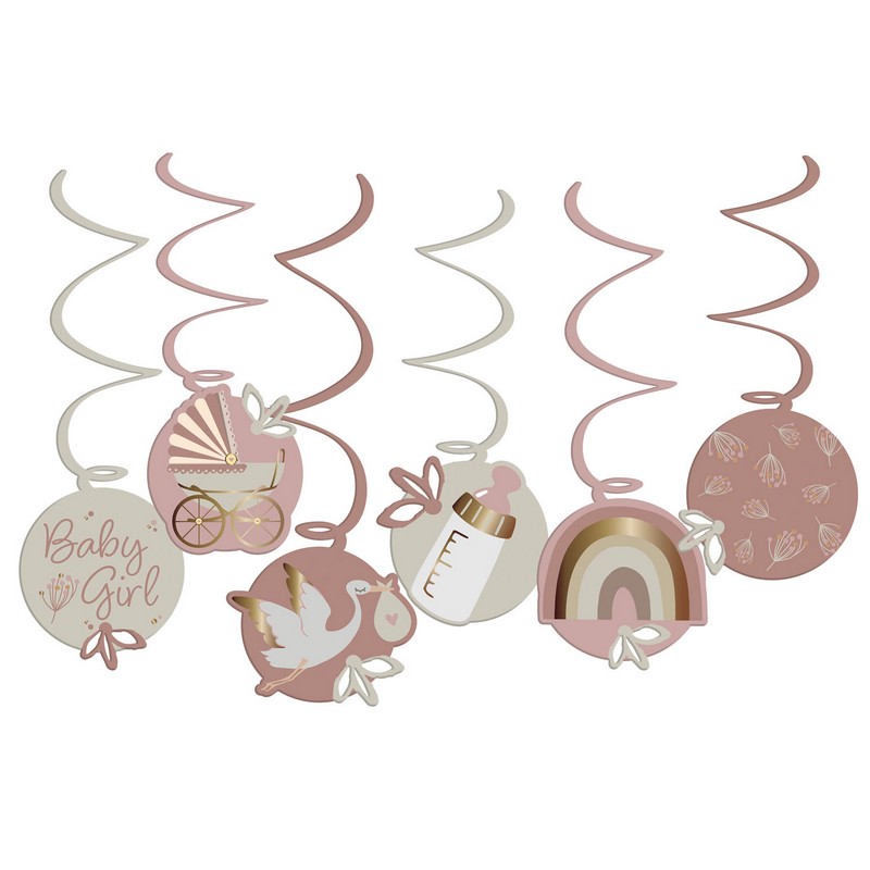 Baby Girl Swirls Lyserød - 6 stk | Babyshower Spiraler/string - Temashop