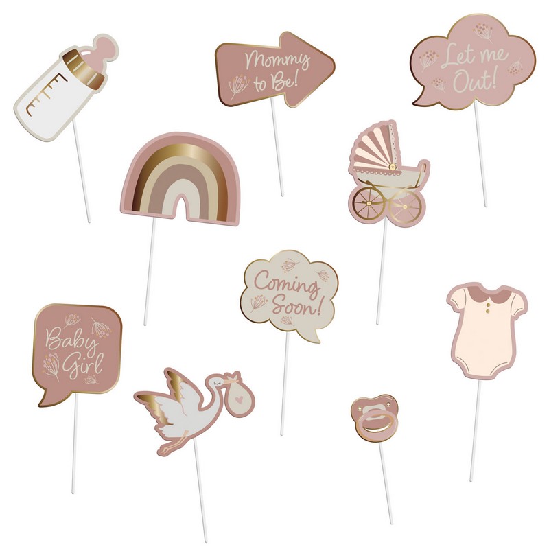 Blooming Baby Girl Photobooth Rekvisitter Rosa/Guld - 10 stk | Babyshower Photobooth - Temashop