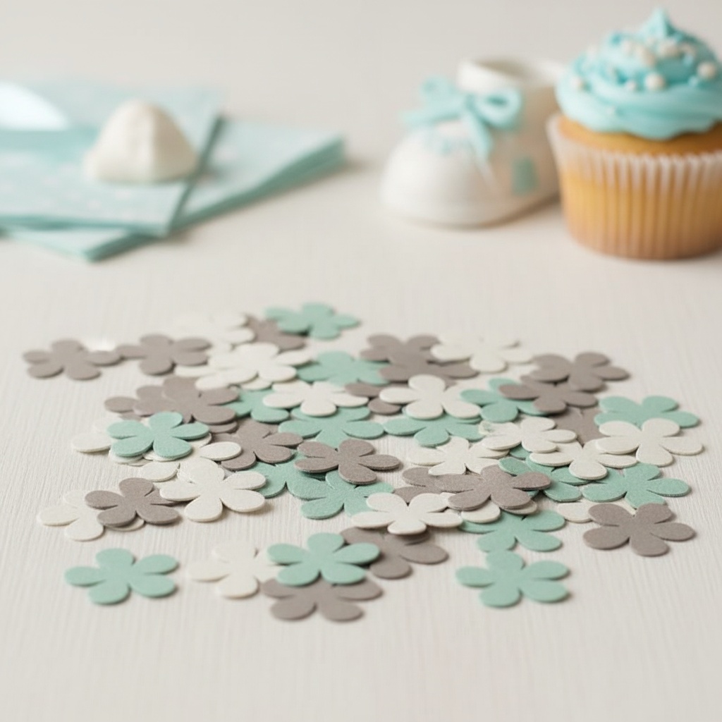 Blomster Konfetti Mint/Grå/Hvid - 80 dele (2,5 cm) | Babyshower Konfetti - Temashop
