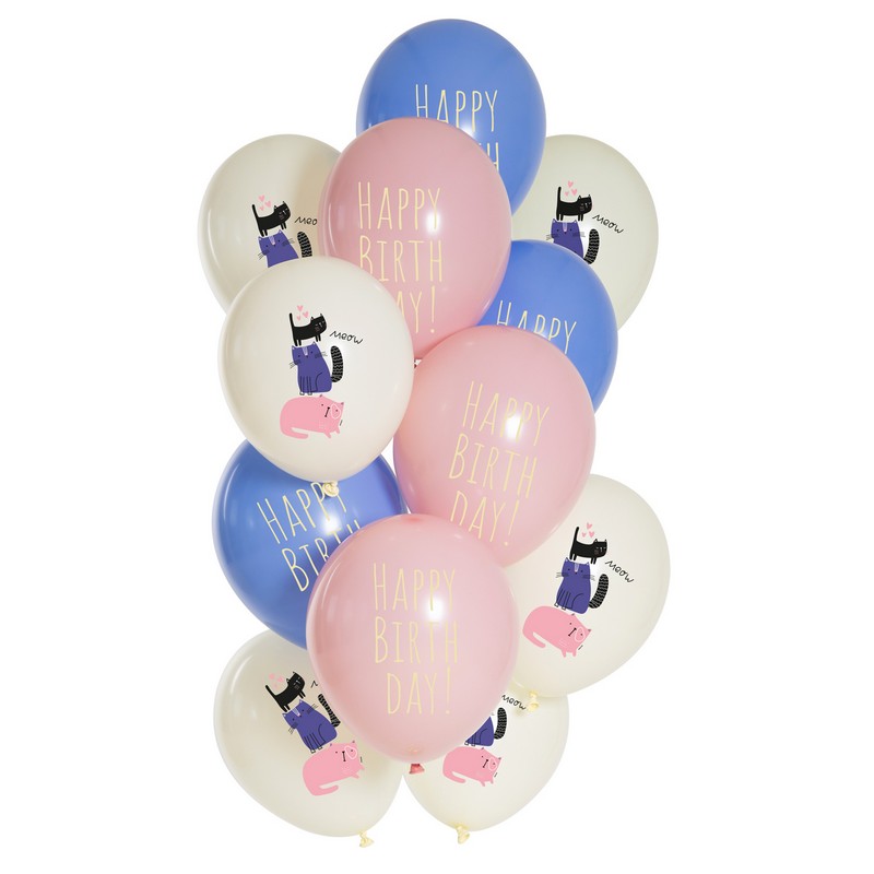 Happy Birthday Kat Motiv Latexballoner - 12 stk (33 cm) | Kat Latexballoner - Temashop