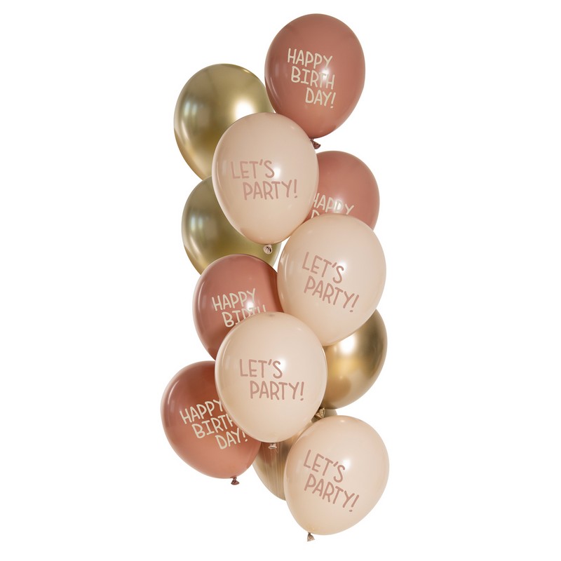 Golden Blossom Happy Birthday Latexballoner - 12 stk (33 cm) | Fødselsdag Latexballoner - Temashop