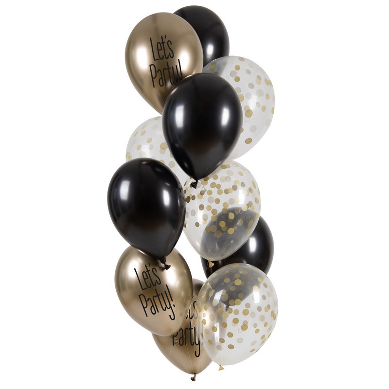 Let's Party Latexballoner Sort/Guld - 12 stk (33 cm) | Guld tema Latexballoner - Temashop