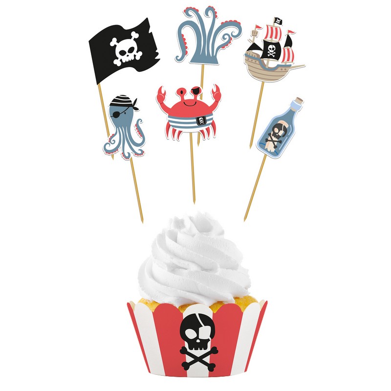 Pirat Cupcake Wrappers & Kagepinde - 12 dele (10 cm & 22,5 x 11,5 cm) | Pirat Cupcake Forme & Wrappers - Temashop