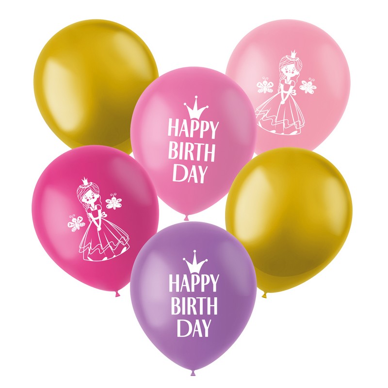 Prinsesse Happy Birthday Latexballoner Lyserød Mix - 6 stk (33 cm) | Prinsesse Latexballoner - Temashop