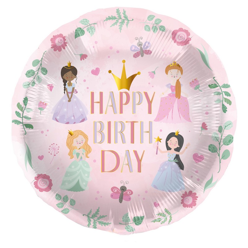 Prinsesse Happy Birthday Folieballon Lyserød - 1 stk (45 cm) | Prinsesse Folieballoner - Temashop