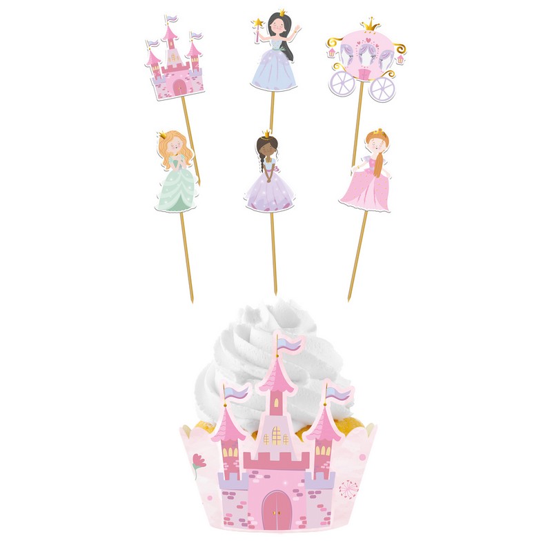 Prinsesse Cupcake Wrappers & Kagepinde - 12 dele (10 cm & 22,5 x 5 cm) | Prinsesse Cupcake Forme & Wrappers - Temashop