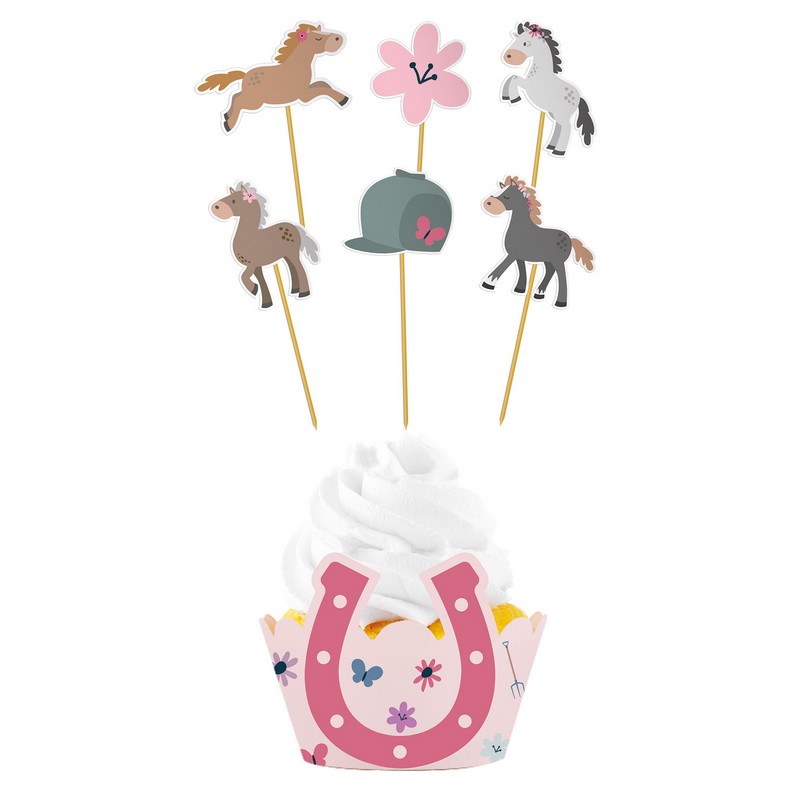 Heste Cupcake Wrappers & Kagepinde - 12 dele (10 cm & 22,5 cm) | Hest Cupcake Forme & Wrappers - Temashop