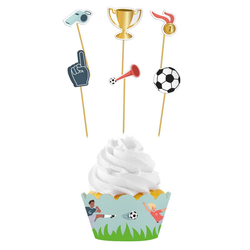 Fodbold Cupcake Wrappers & Kagepinde - 12 dele (10 cm & 22,5 cm) | Fodbold Cupcake Forme & Wrappers - Temashop