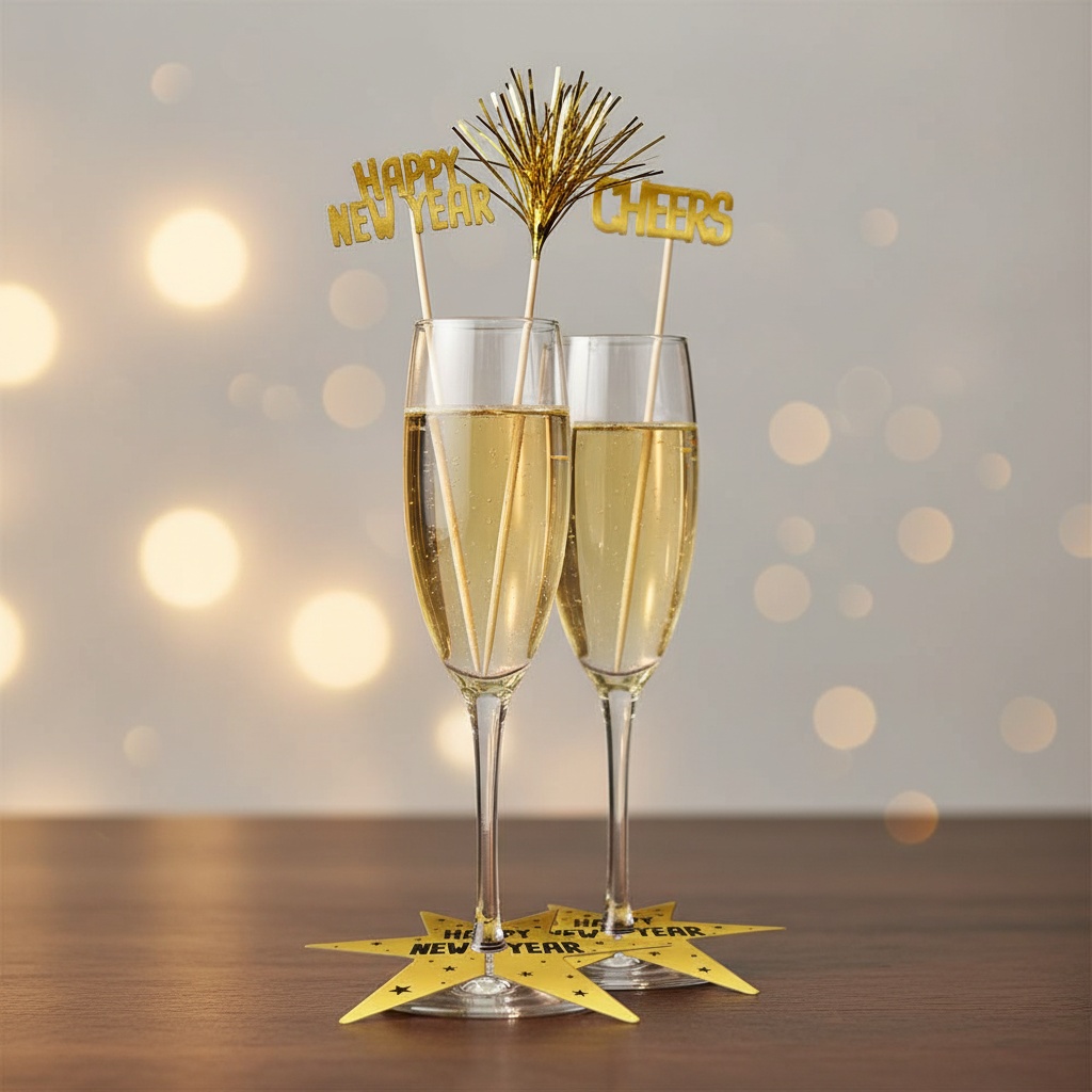 Happy New Year Stjerne Drinkspinde Guld - 12 dele | Nytår Drinkspinde - Temashop