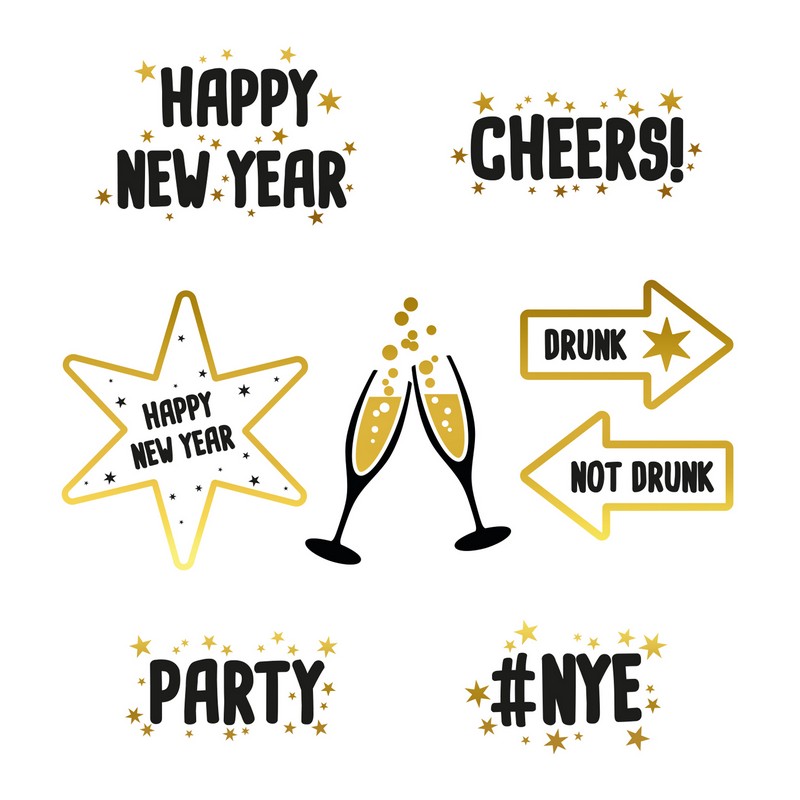 Happy New Year Vinduesklistermærker Sort/Guld - 8 stk (12 x 13,5 cm) | Nytår Vinduespynt - Temashop