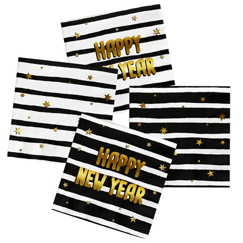 Happy New Year Servietter Sort/Hvid/Guld - 20 stk (33 x 33 cm) | Nytår Servietter - Temashop