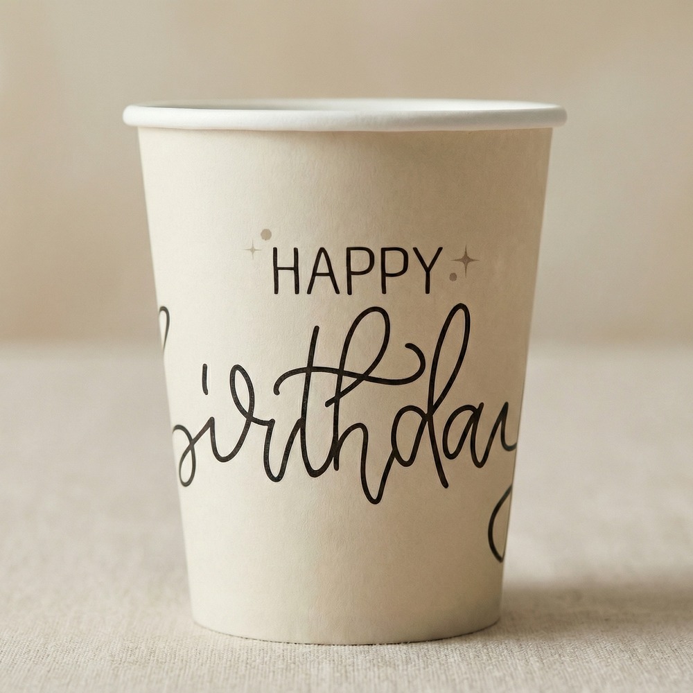 Happy Birthday Papkrus Crème Noir - 8 stk (250 ml) | Fødselsdag Krus - Temashop