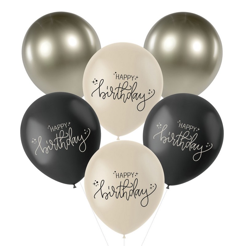 Happy Birthday Latexballoner Crème Noir - 6 stk (33 cm) | Fødselsdag Latexballoner - Temashop