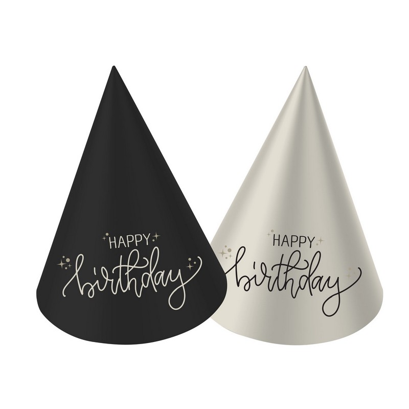 Happy Birthday Mini Partyhatte Sort/Hvid - 6 stk (10 cm & 30 cm) | Fødselsdag Partyhatte - Temashop