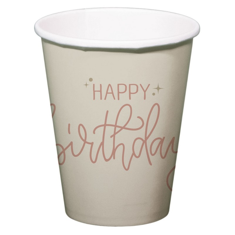 Happy Birthday Papkrus Crème Rose - 8 stk (250 ml) | Fødselsdag Krus - Temashop