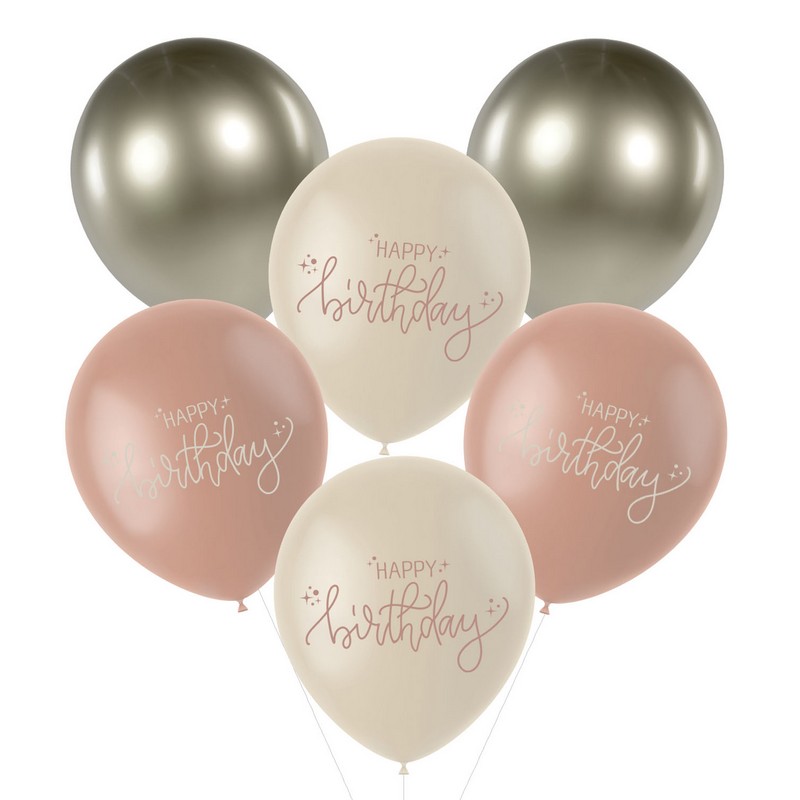 Happy Birthday Latexballoner Crème Rose - 6 stk (33 cm) | Fødselsdag Latexballoner - Temashop