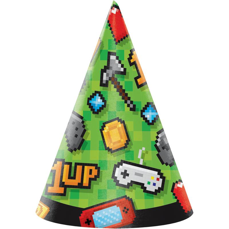 Gaming Party Festhatte - 8 stk (Ø 10,8 x 15,88 cm) | Computerspil Partyhatte - Temashop
