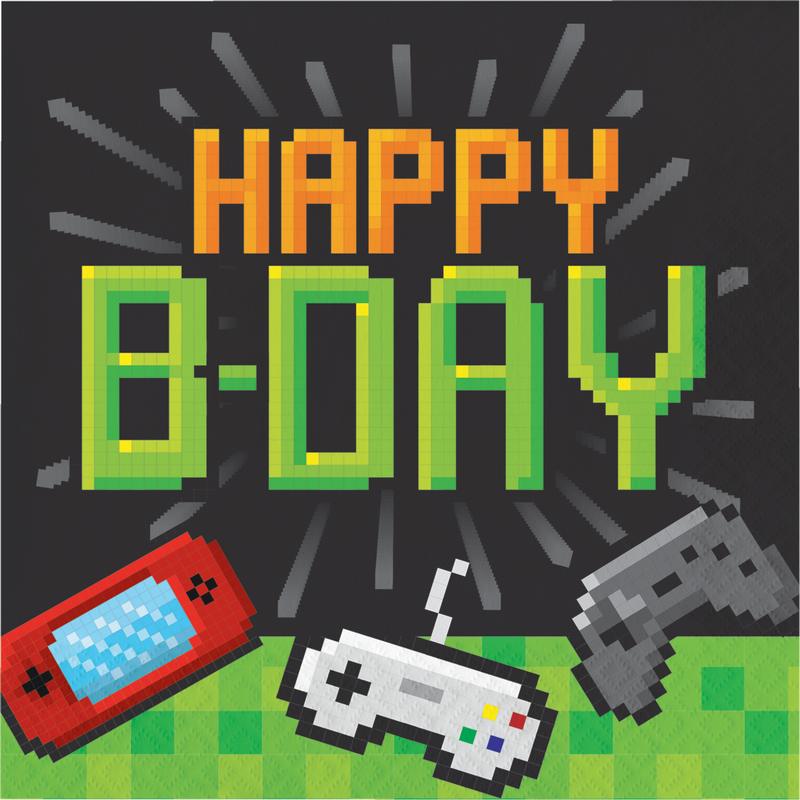Gaming Party Happy B-day Servietter - 16 stk (33 x 33 cm) | Computerspil Servietter - Temashop