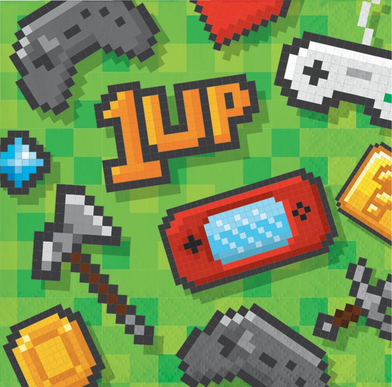 Gaming Party 1Up Servietter - 16 stk (25 x 25 cm) | Computerspil Servietter - Temashop
