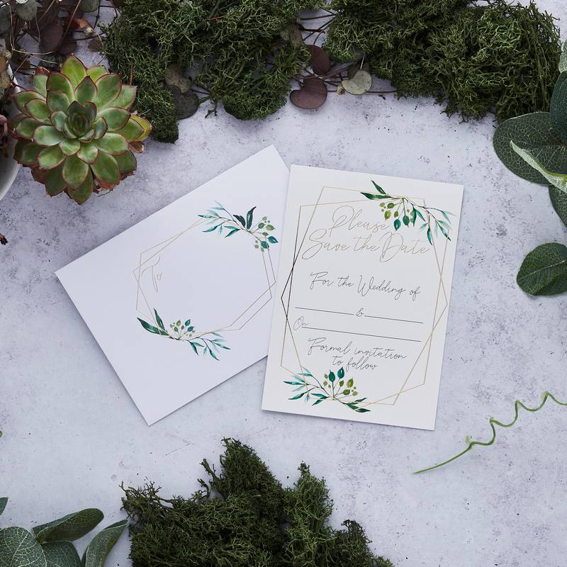 Geo Greenery Save The Date Kort - 25 stk (14,6 x 10,3 cm) | Bryllup Invitationer - Temashop