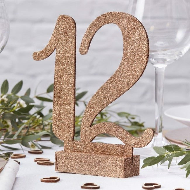 Træ Bordnumre Glitter Rosaguld - 12 stk (12,5 x 15,5 cm) | Rosaguld tema Bordnumre / bordkort / holdere - Temashop