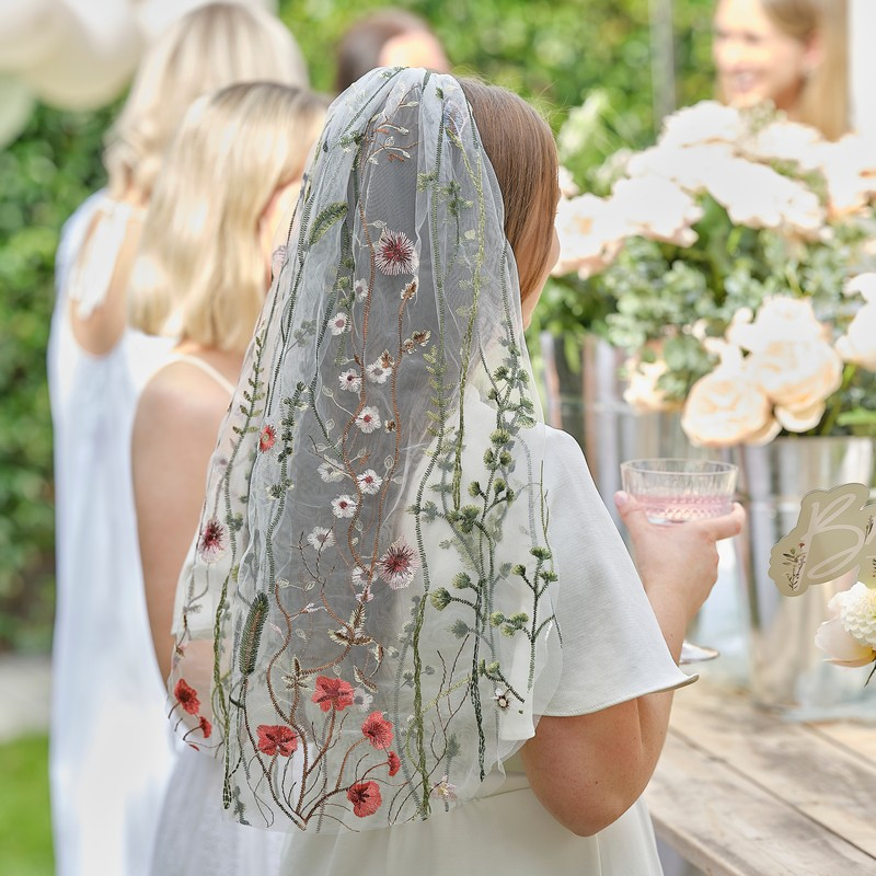 Floralt Brudeslør (60 cm) | Bryllup Hårbøjle / Pandebånd / Hårbånd - Hovedtilbehør - Temashop