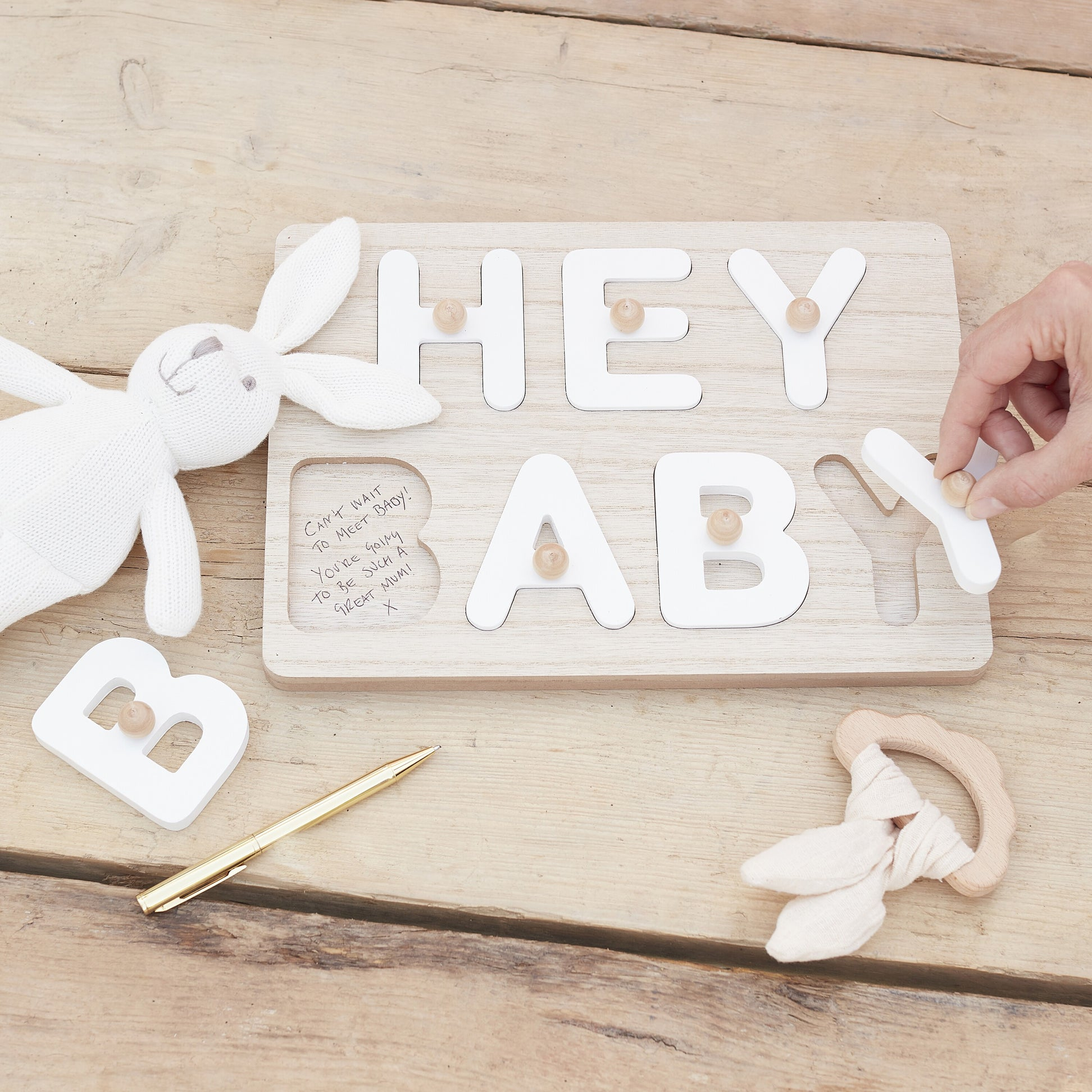 Hey Baby Gæstebog Træpuslespil - 8 dele (21,6 x 30 cm) | Babyshower Gæstebøger - Temashop