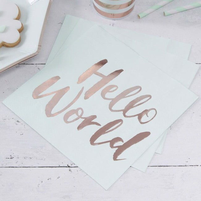 Hello World Servietter Rosaguld - 20 stk (33 x 33 cm) | Babyshower Servietter - Temashop