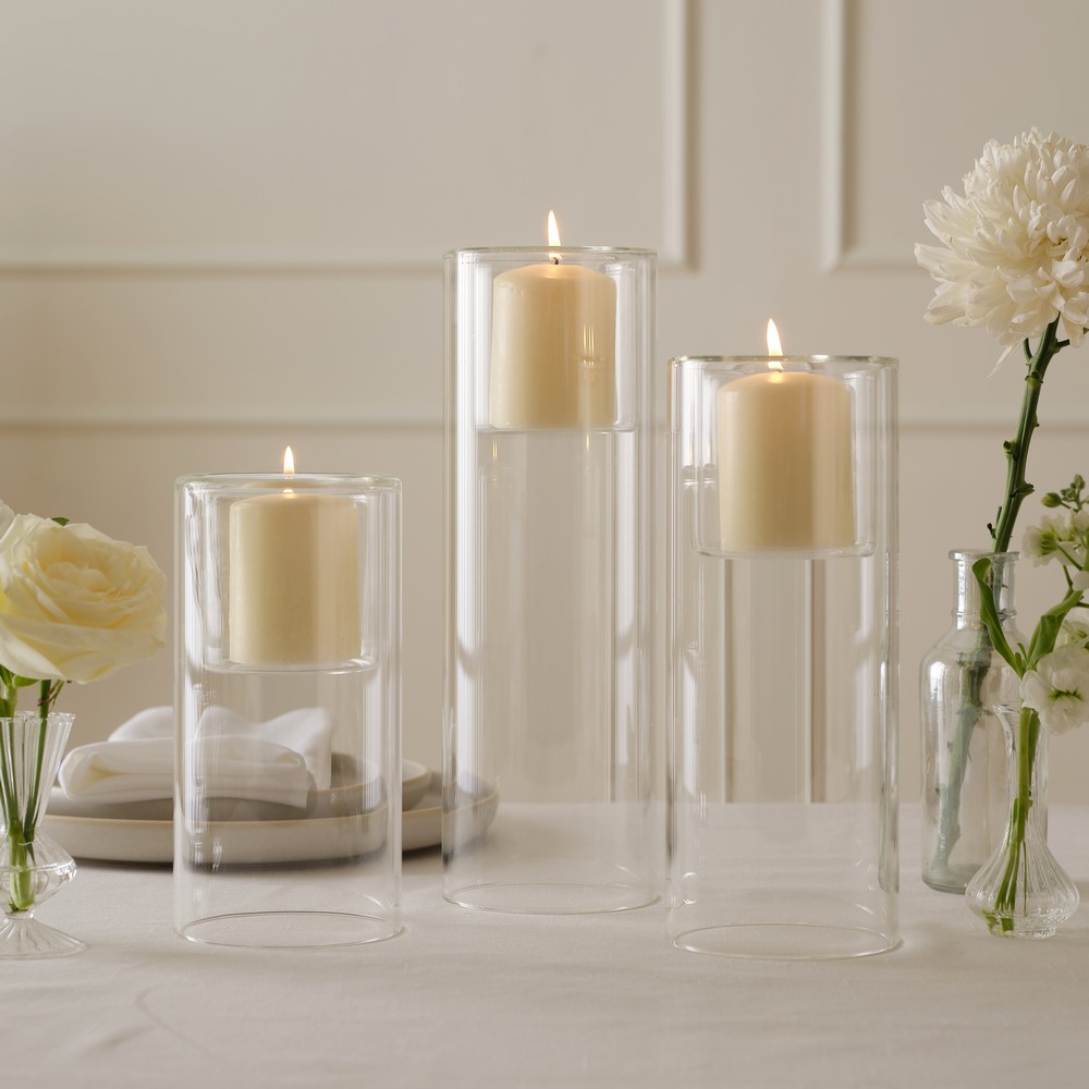 Glas Hurricane Lysestager Klar - 3 stk (20 x 8 cm & 18 x 6 cm & 14 x 6 cm) | Bryllup Lysestager - Temashop