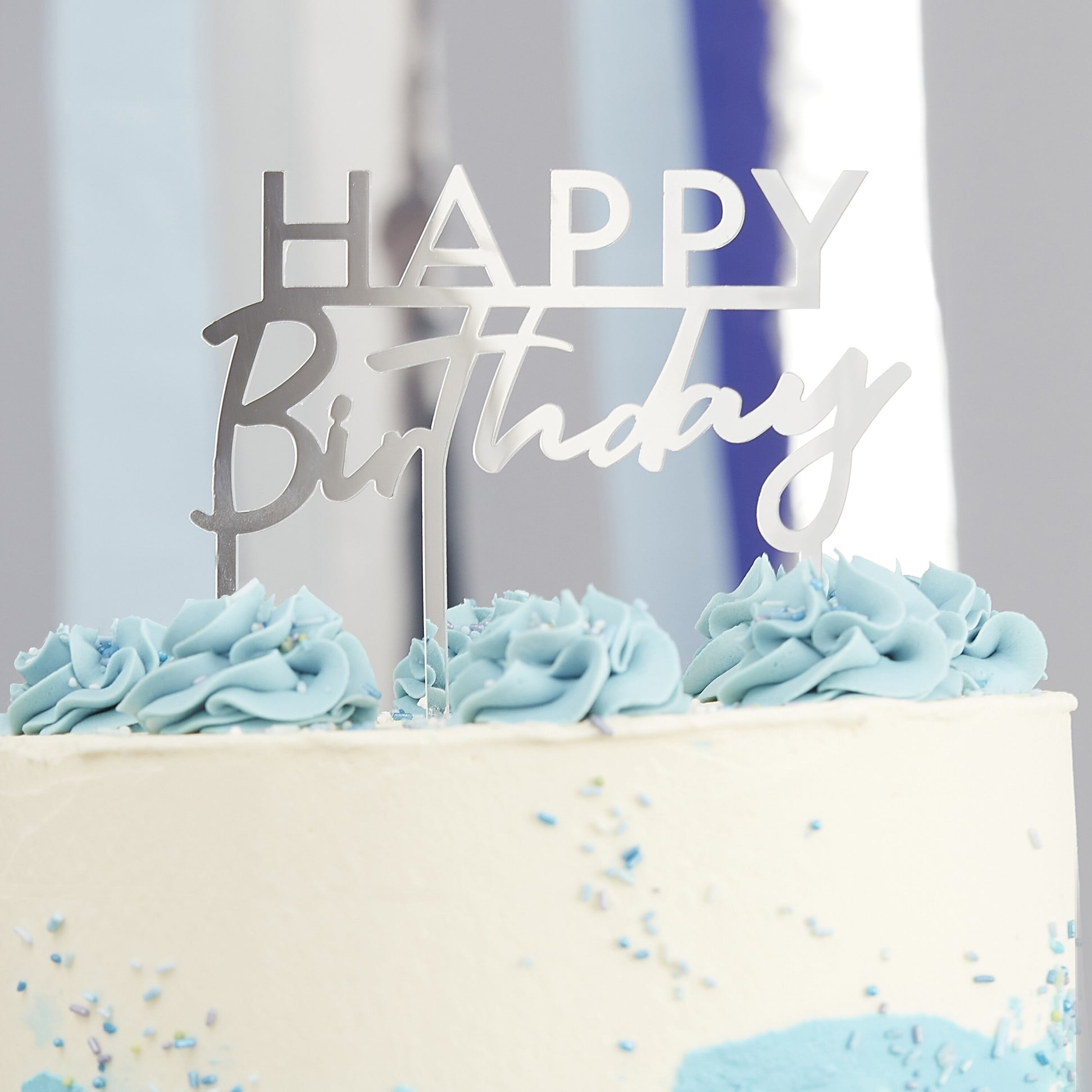 Happy Birthday Akryl Kagetopper Sølv - 1 stk (10 x 12 cm) | Fødselsdag Kagefigur / kagetopper - Temashop