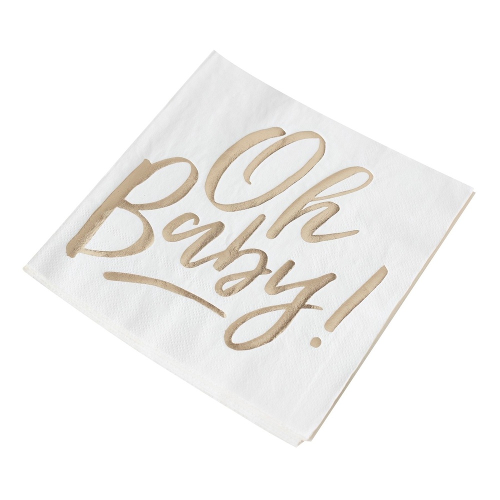 Oh Baby Servietter Hvid/Guld - 16 stk (33 x 33 cm) | Babyshower Servietter - Temashop