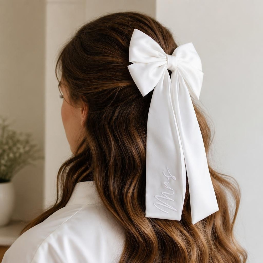 Mrs' Satin Hårsløjfe Hvid (40 x 20 cm) | Bachelorette Hårclips - Hovedtilbehør - Temashop