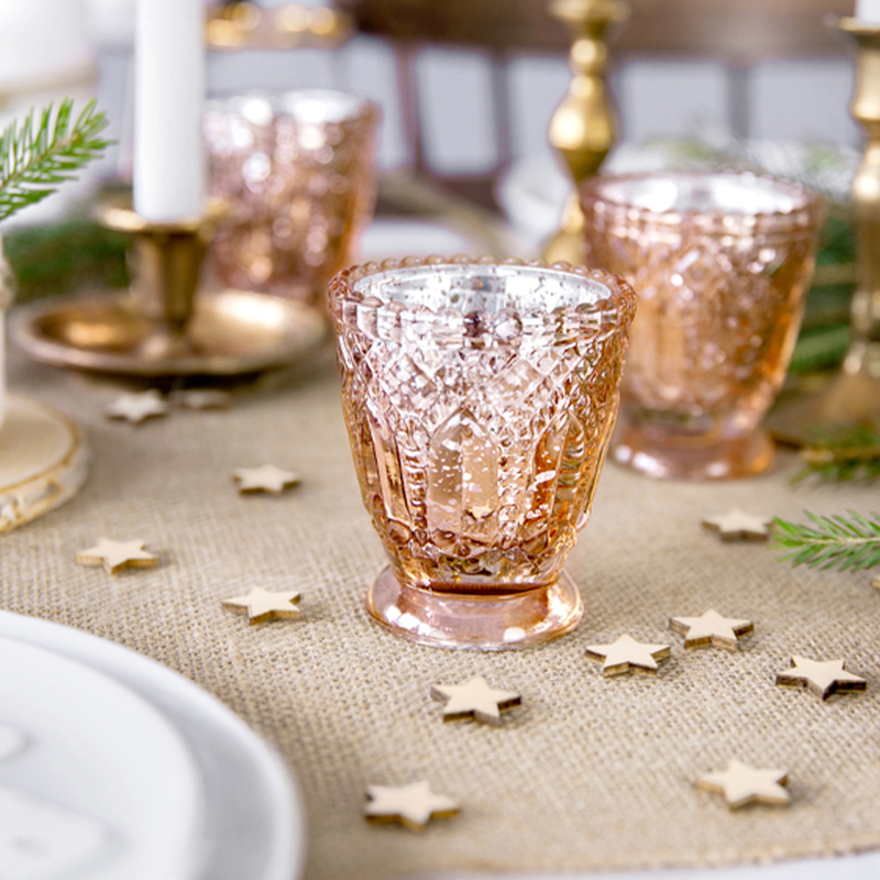 Glas Fyrfadsstage Rosaguld - 4 stk (7 cm) | Rosaguld tema Lys / lysestager - Temashop