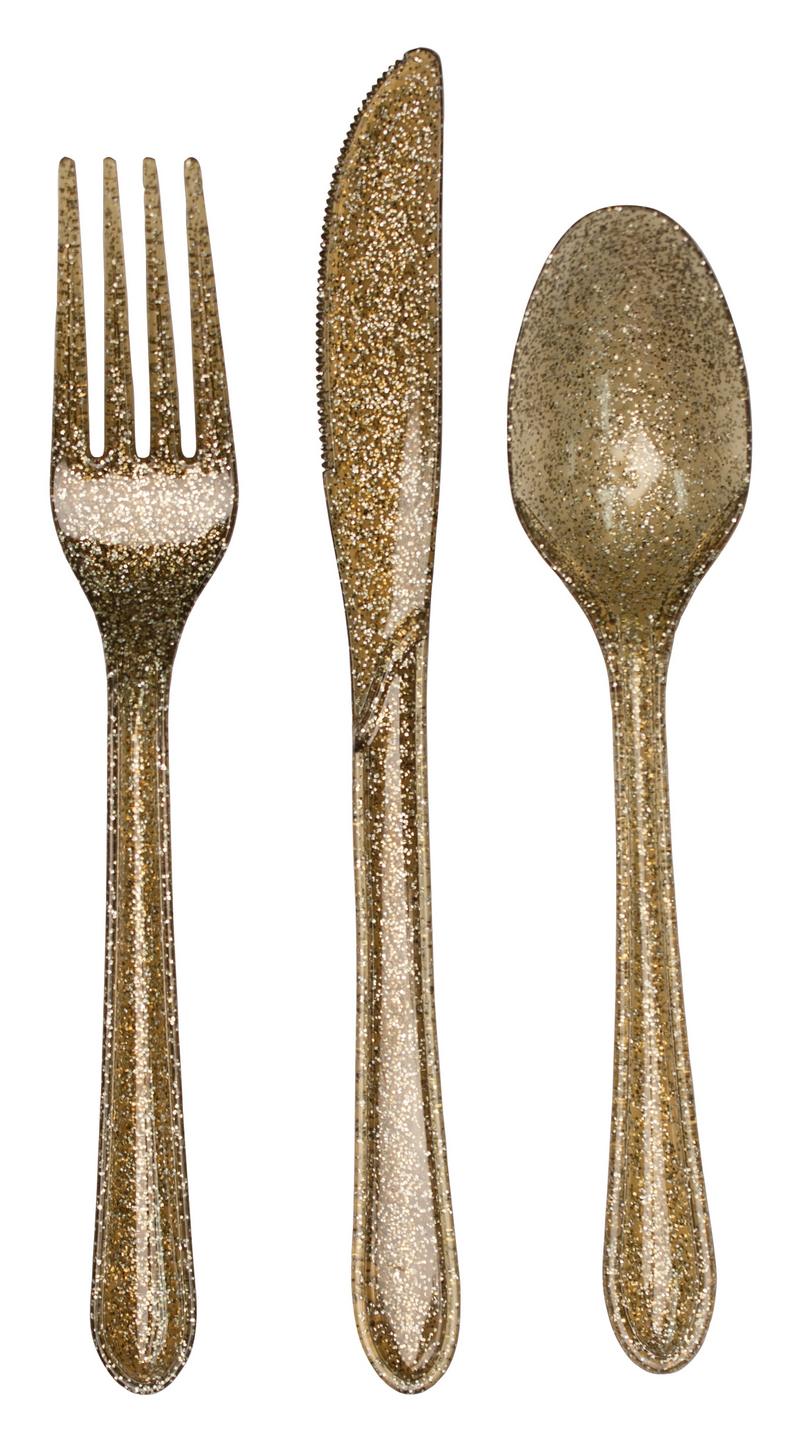 Guld Glimmer Plastik Bestik - 24 dele (18 cm) | Guld tema Bestik - Temashop