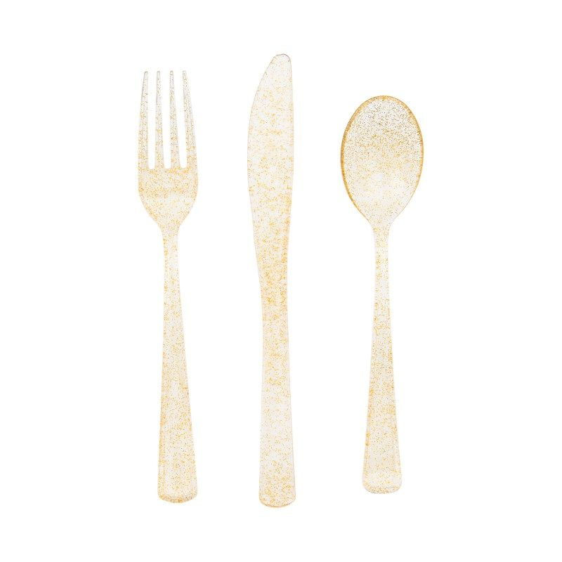 Glitter Plastik Bestik Guld - 18 stk (17 cm) | Guld tema Bestik - Temashop