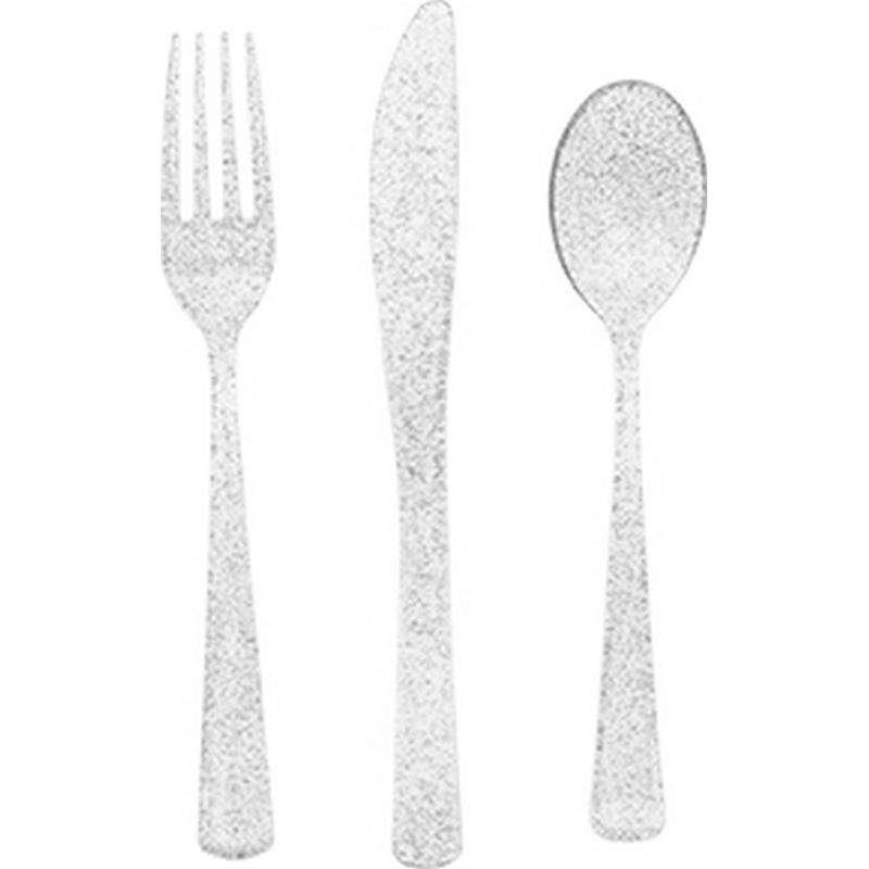 Glitter Plastik Bestik Sølv - 18 stk (17 cm) | Sølv tema Bestik - Temashop