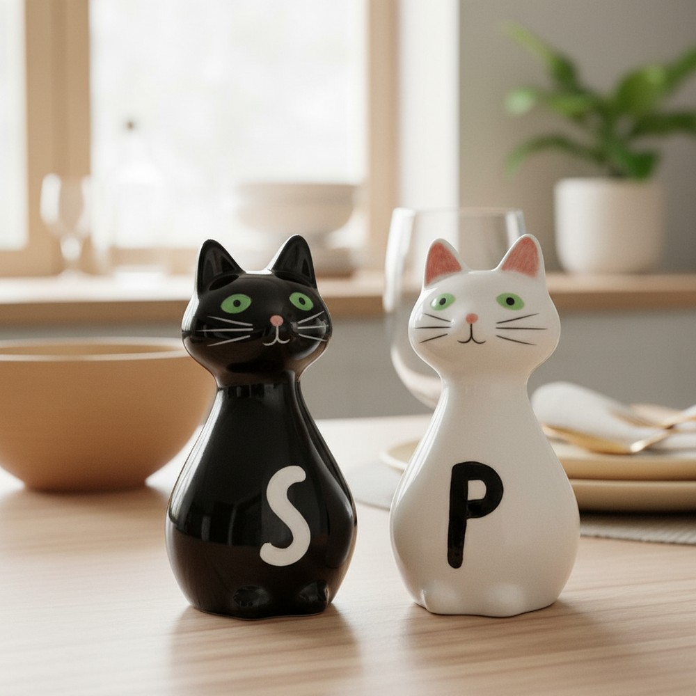 Katte Salt- og Peberbøsser Sort/Hvid | Kat Mad, Drikke & Køkken Udstyr - Temashop