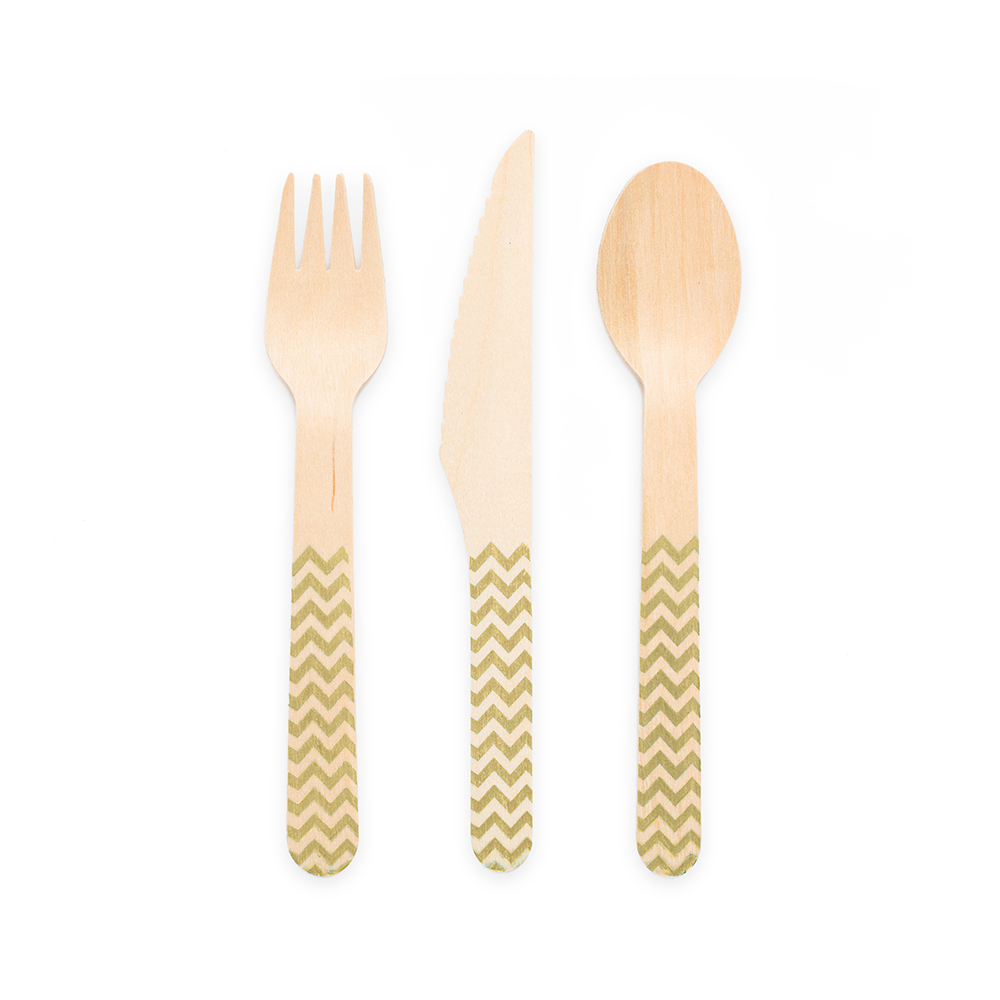 Zigzag Bestik Træ/Guld - 18 stk | Guld tema Bestik - Temashop