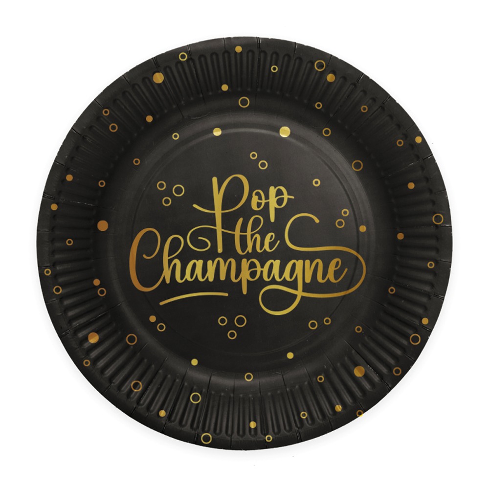 Pop the Champagne Paptallerkener Sort/Guld - 8 stk (Ø 23 cm) | Nytår Tallerkner - Temashop