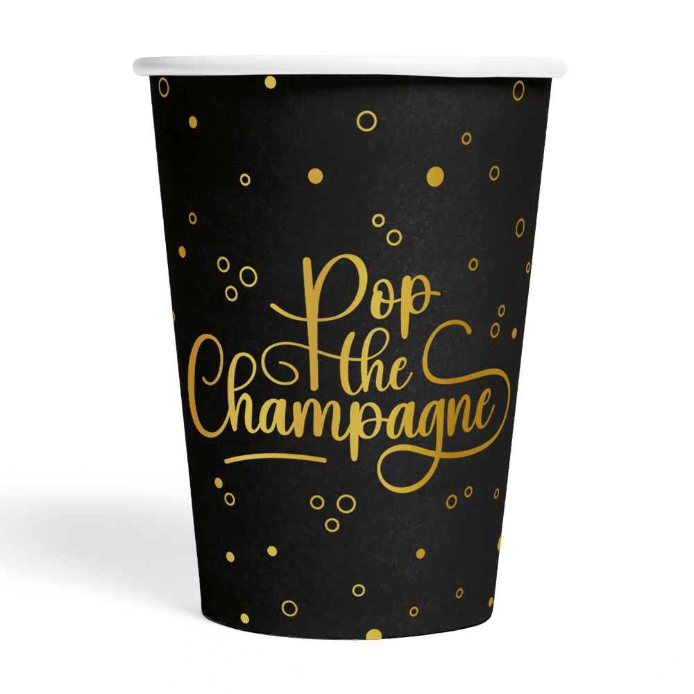 Pop the Champagne Papkrus Sort/Guld - 8 stk (210 ml) | Nytår Krus - Temashop