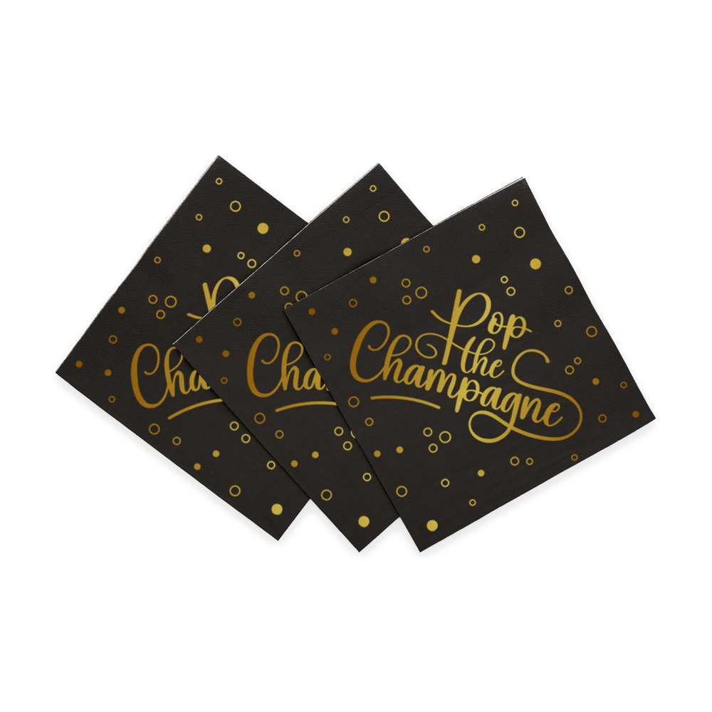 Pop the Champagne Servietter Sort/Guld - 20 stk (33 x 33 cm) | Nytår Servietter - Temashop
