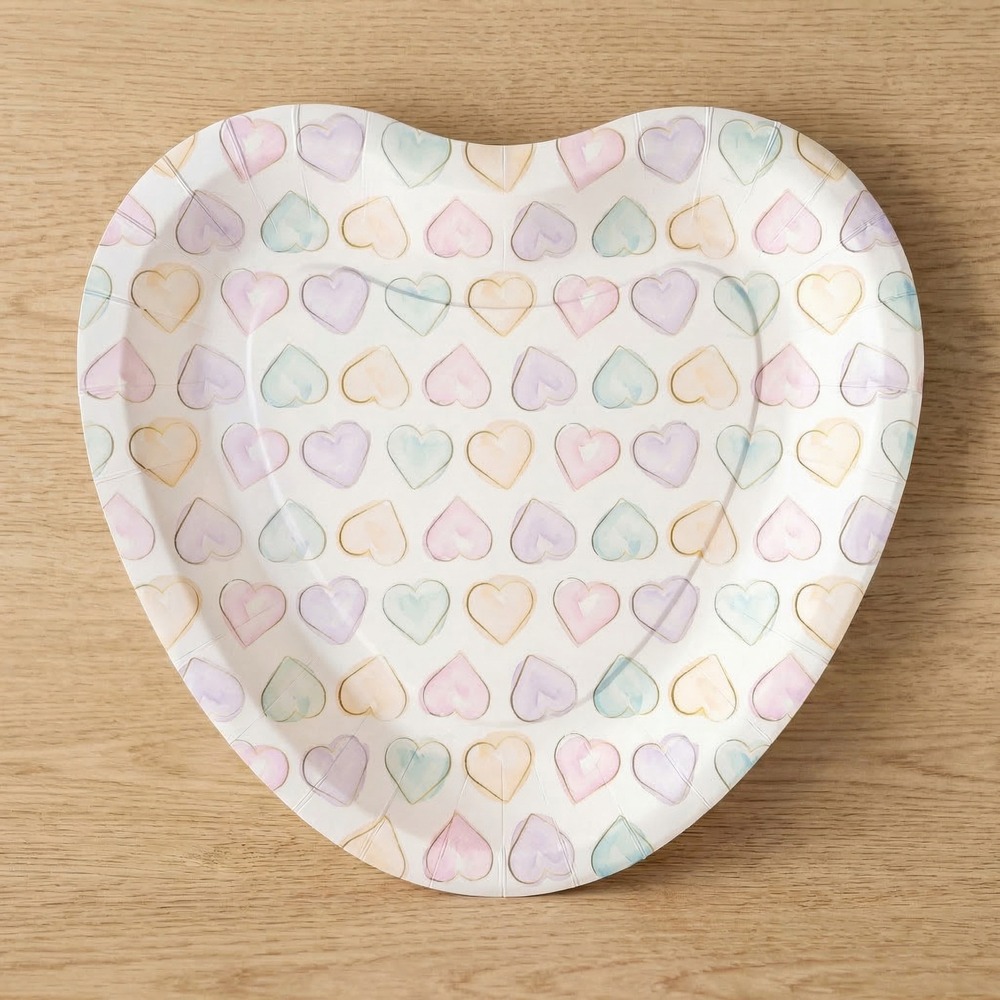 Hjerteformede Paptallerkener Akvarel - 8 stk (18 x 18 cm) | Kærlighed Tallerkner - Temashop
