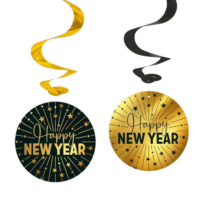 Happy New Year Golden Celebrations Swirls - 4 stk | Nytår Spiraler/string - Temashop
