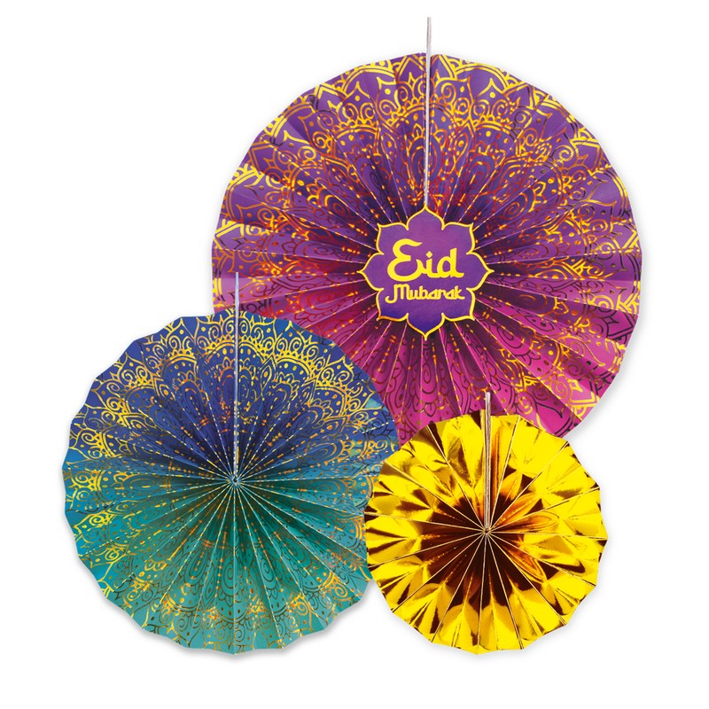 Eid Mubarak Rosetter Lilla/Blå/Guld - 3 stk | Eid Vifter / Rosetter - Temashop