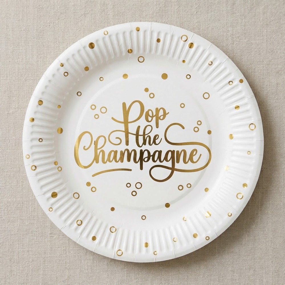 Pop the Champagne Paptallerkener - 8 stk (23 cm) | Guld tema Tallerkner - Temashop